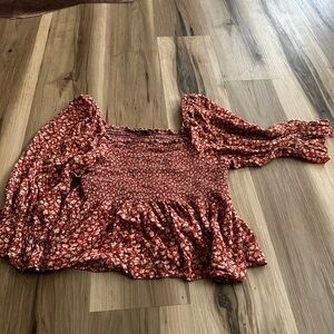 Aerie Red Floral Smocked Blouse
